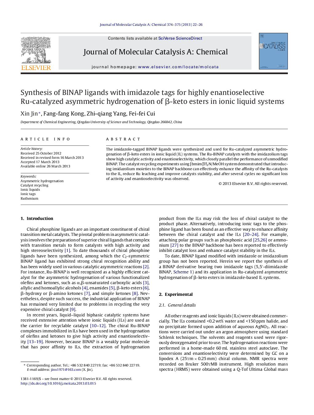 Synthesis of BINAP ligands with imidazole tags for highly enantioselective Ru-catalyzed asymmetric hydrogenation of β-keto esters in ionic liquid systems