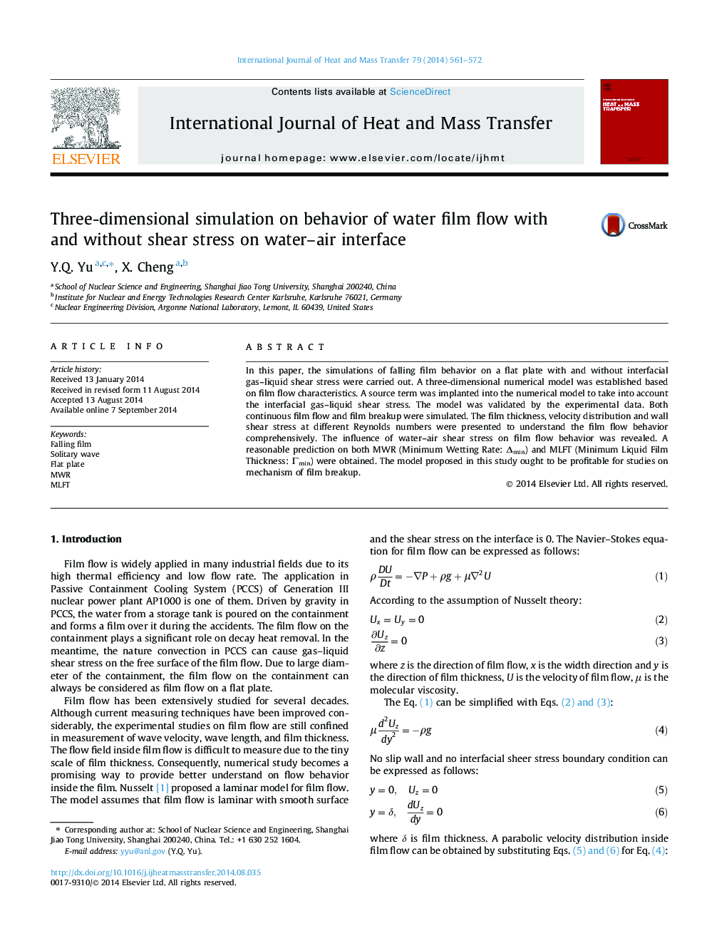 Three-dimensional simulation on behavior of water film flow with and without shear stress on water-air interface