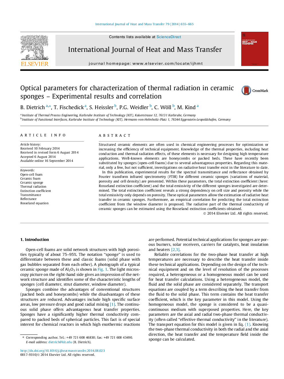 Optical parameters for characterization of thermal radiation in ceramic sponges - Experimental results and correlation