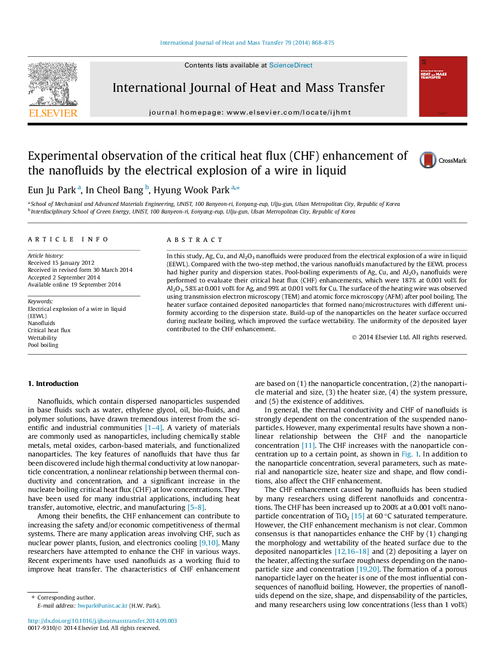 Experimental observation of the critical heat flux (CHF) enhancement of the nanofluids by the electrical explosion of a wire in liquid