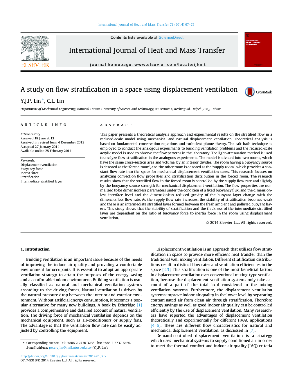 A study on flow stratification in a space using displacement ventilation