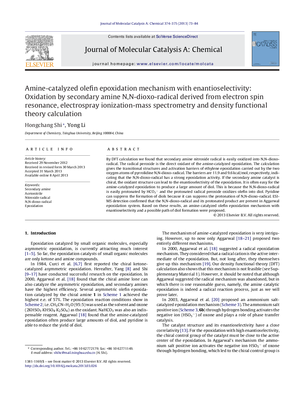 Amine-catalyzed olefin epoxidation mechanism with enantioselectivity: Oxidation by secondary amine N,N-dioxo-radical derived from electron spin resonance, electrospray ionization-mass spectrometry and density functional theory calculation