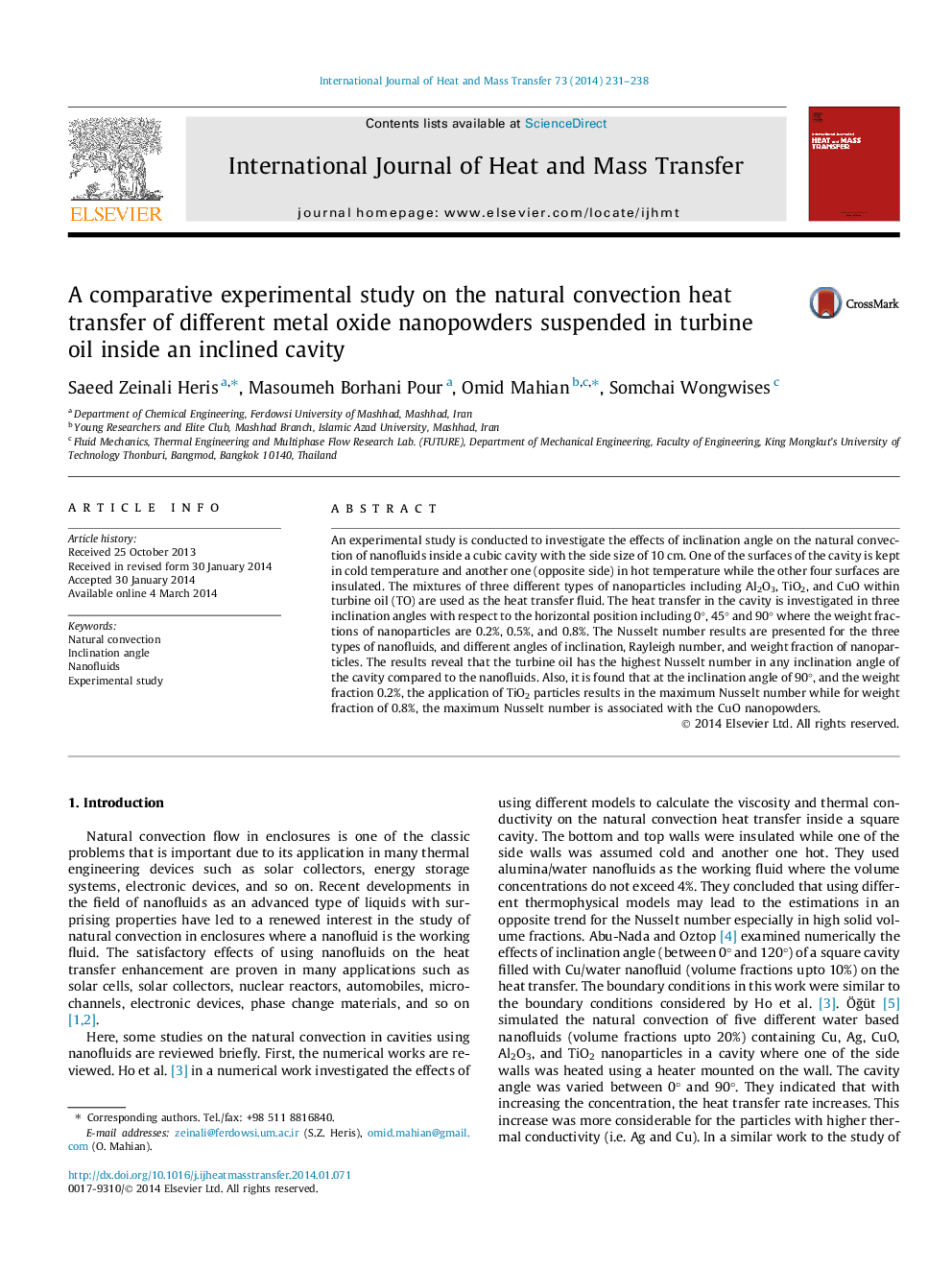 A comparative experimental study on the natural convection heat transfer of different metal oxide nanopowders suspended in turbine oil inside an inclined cavity