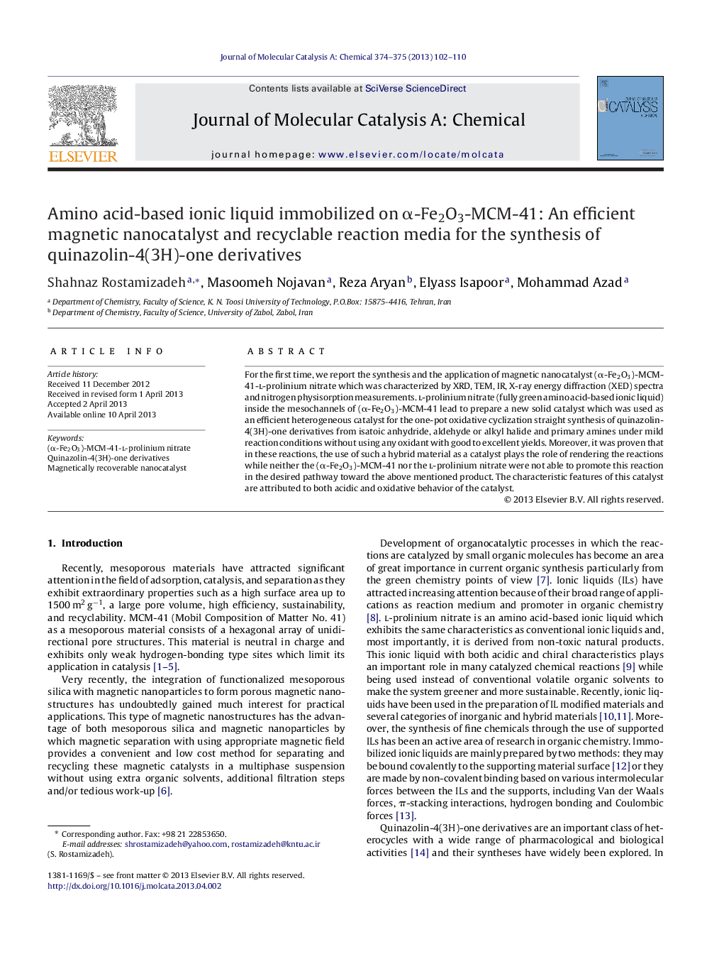 Amino acid-based ionic liquid immobilized on α-Fe2O3-MCM-41: An efficient magnetic nanocatalyst and recyclable reaction media for the synthesis of quinazolin-4(3H)-one derivatives