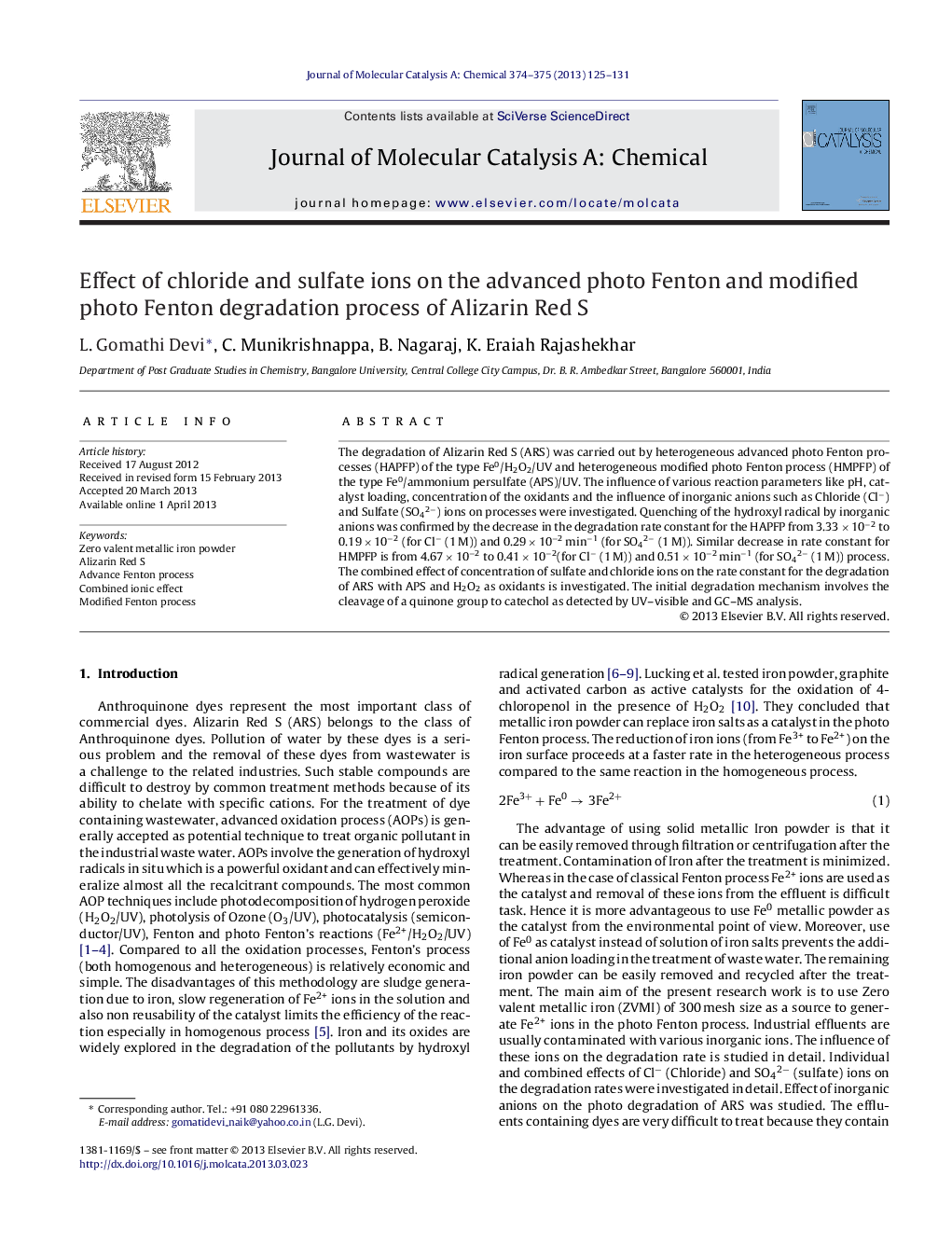 Effect of chloride and sulfate ions on the advanced photo Fenton and modified photo Fenton degradation process of Alizarin Red S