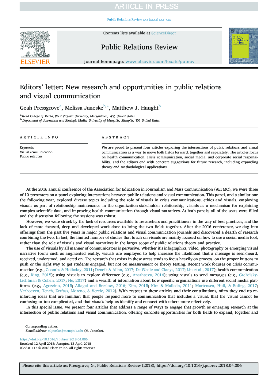 نامه ویراستاران: پژوهش جدید و فرصت های روابط عمومی و ارتباطات بصری 