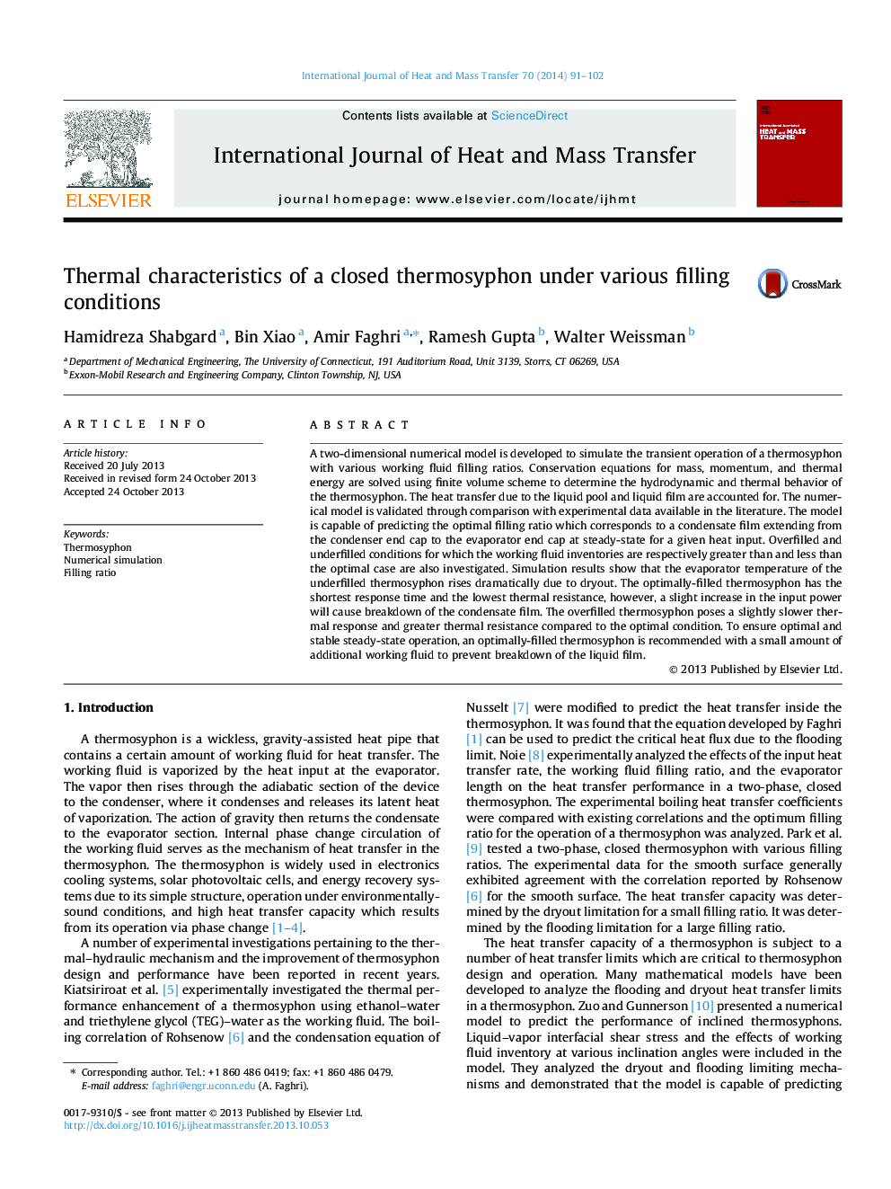 Thermal characteristics of a closed thermosyphon under various filling conditions