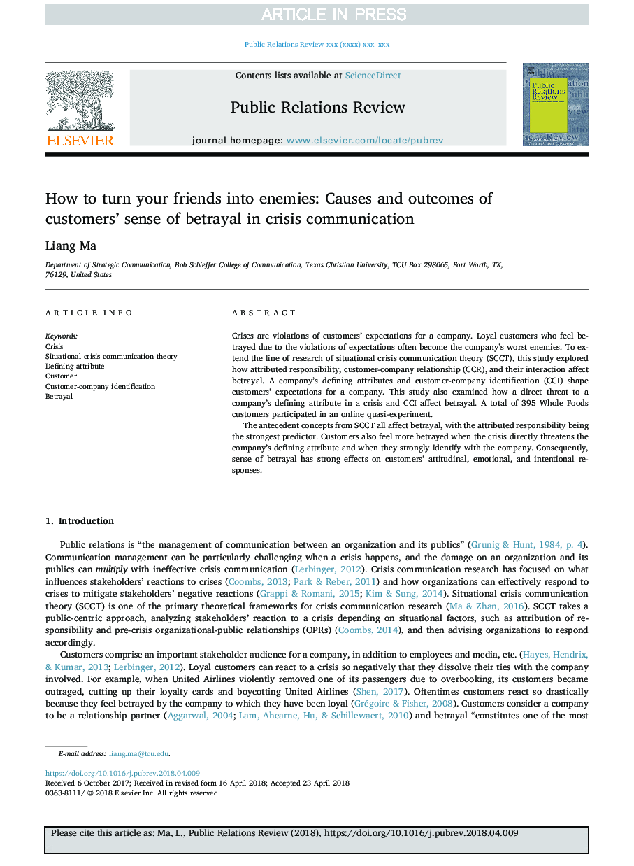 How to turn your friends into enemies: Causes and outcomes of customers' sense of betrayal in crisis communication