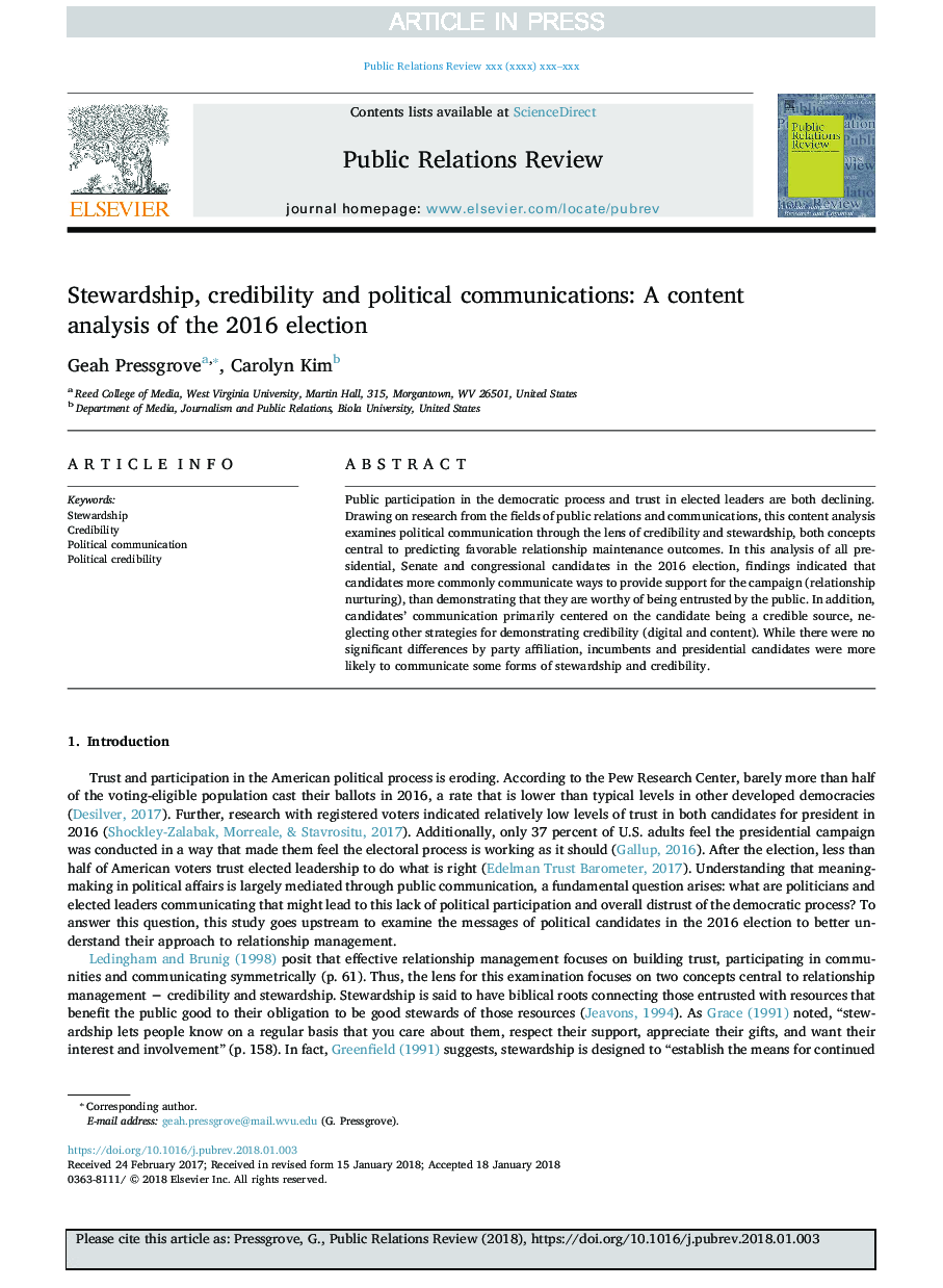 Stewardship, credibility and political communications: A content analysis of the 2016 election