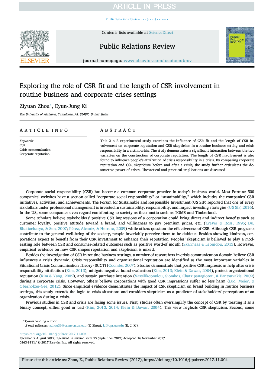 Exploring the role of CSR fit and the length of CSR involvement in routine business and corporate crises settings