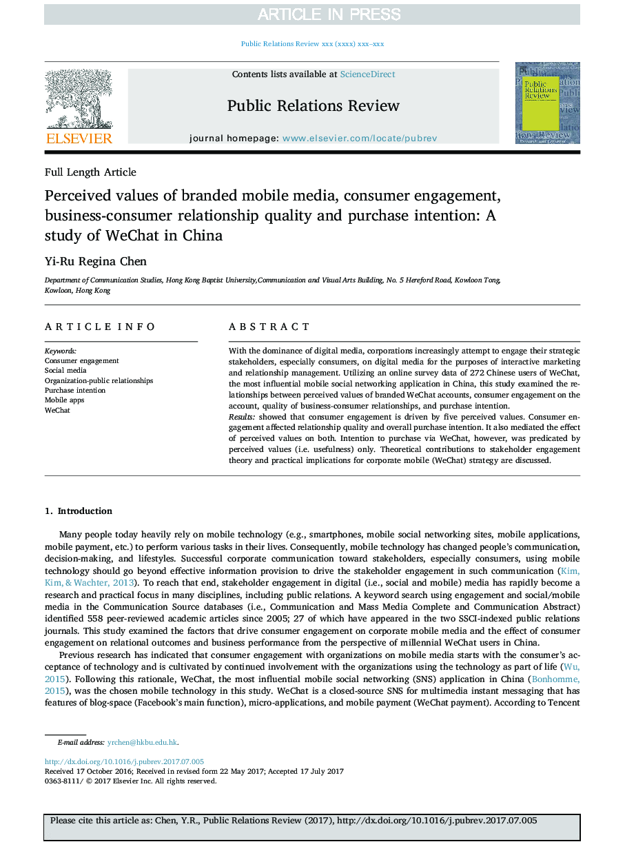 Perceived values of branded mobile media, consumer engagement, business-consumer relationship quality and purchase intention: A study of WeChat in China