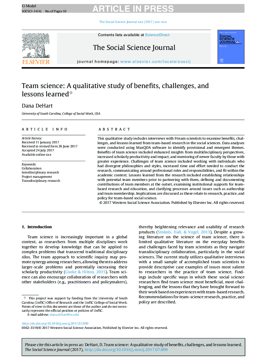 Team science: A qualitative study of benefits, challenges, and lessons learned