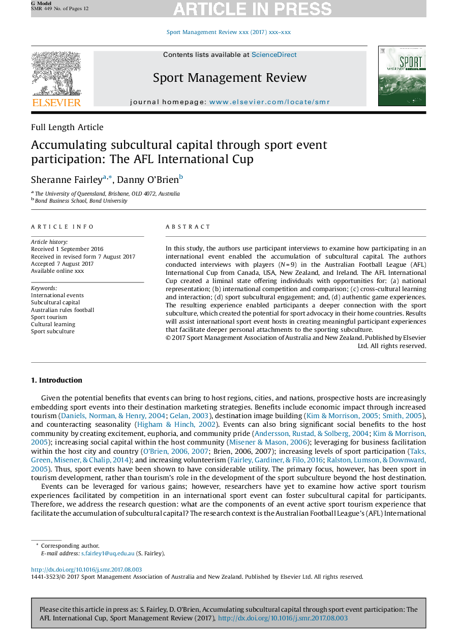 Accumulating subcultural capital through sport event participation: The AFL International Cup