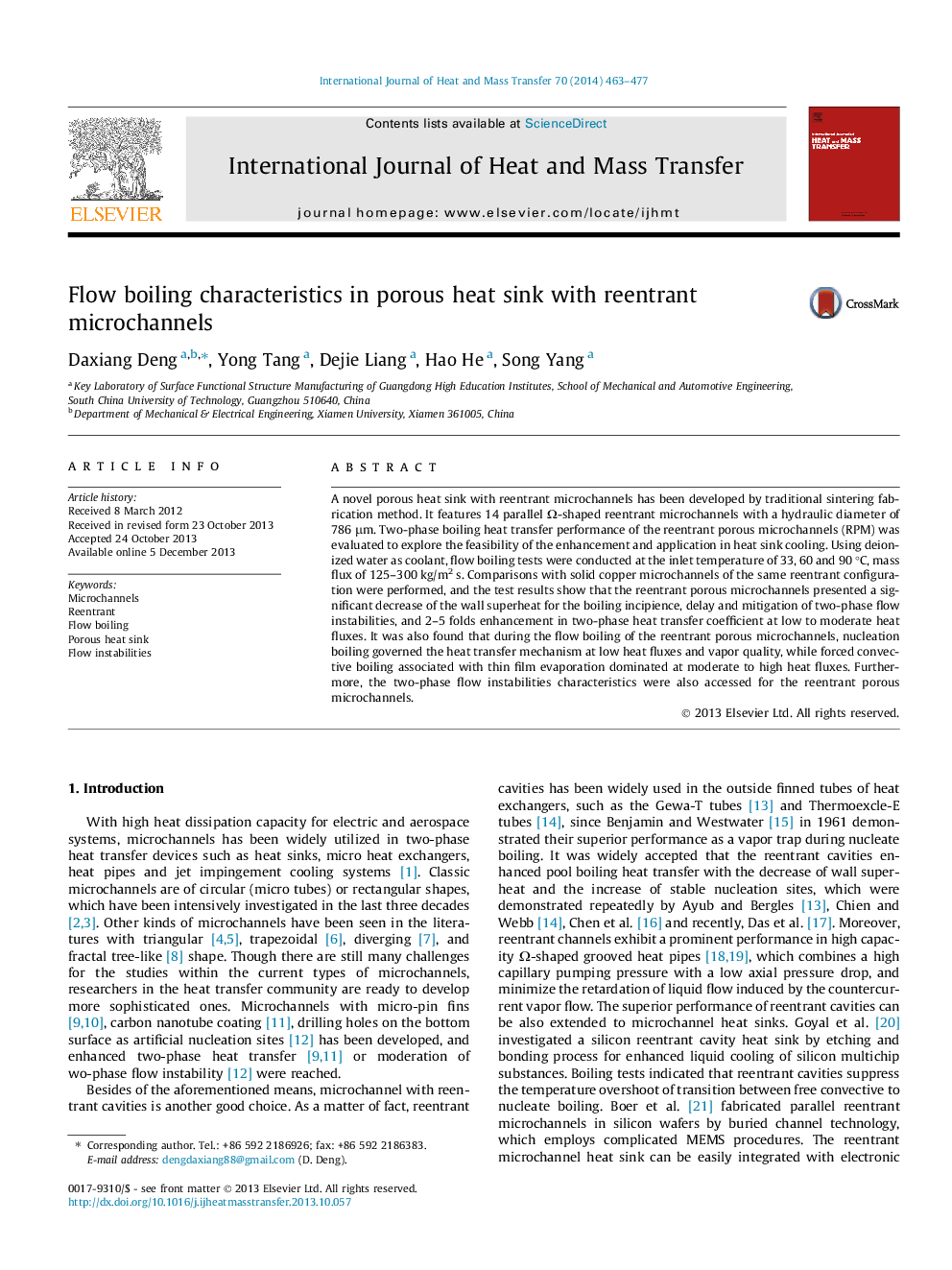 Flow boiling characteristics in porous heat sink with reentrant microchannels