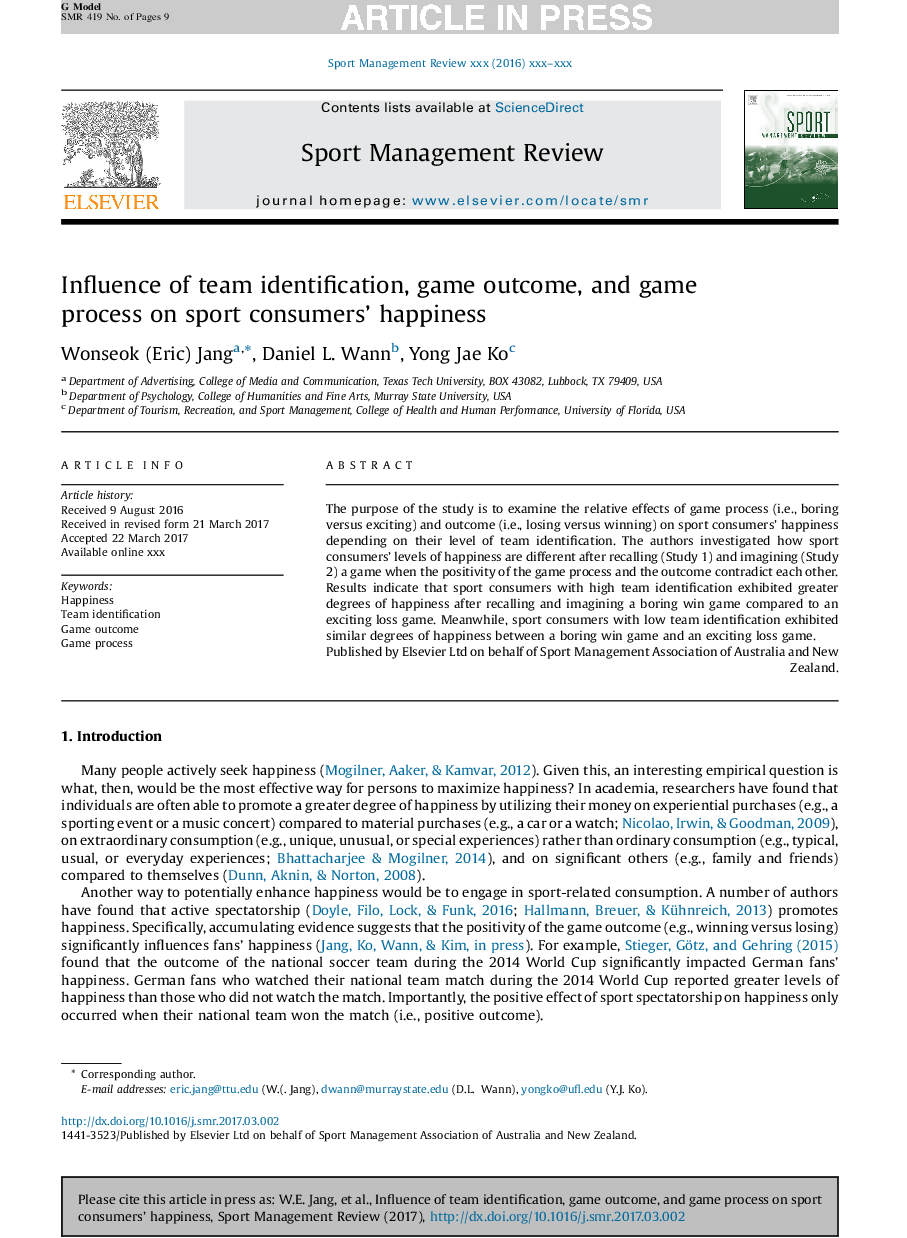 Influence of team identification, game outcome, and game process on sport consumers' happiness