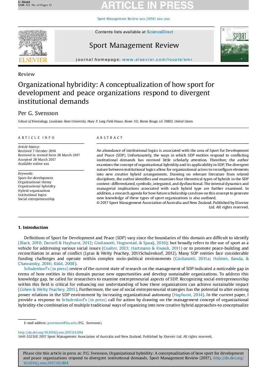 Organizational hybridity: A conceptualization of how sport for development and peace organizations respond to divergent institutional demands