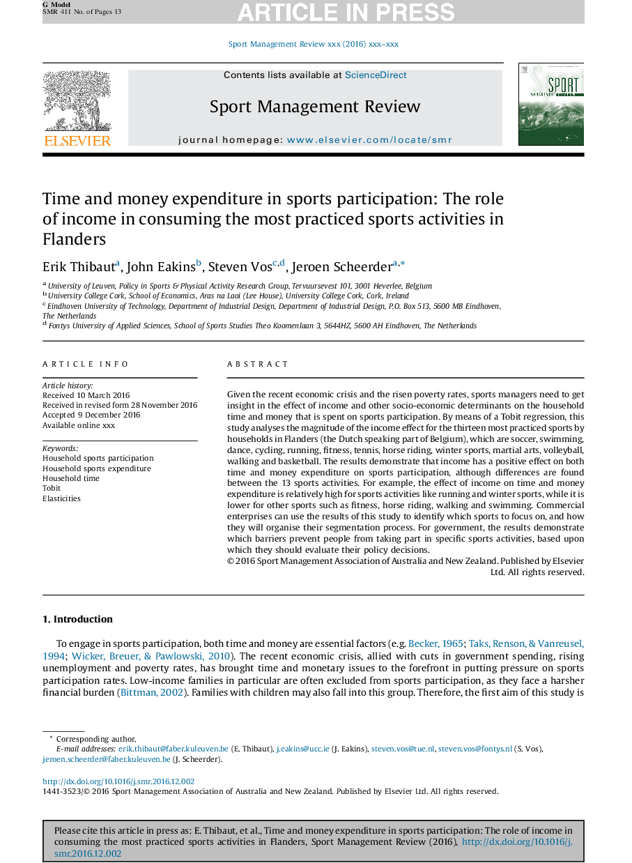 Time and money expenditure in sports participation: The role of income in consuming the most practiced sports activities in Flanders