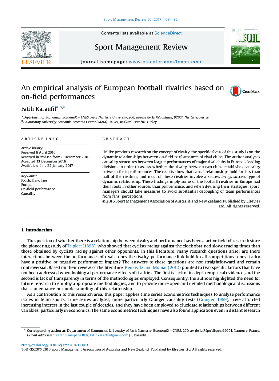 An empirical analysis of European football rivalries based on on-field performances