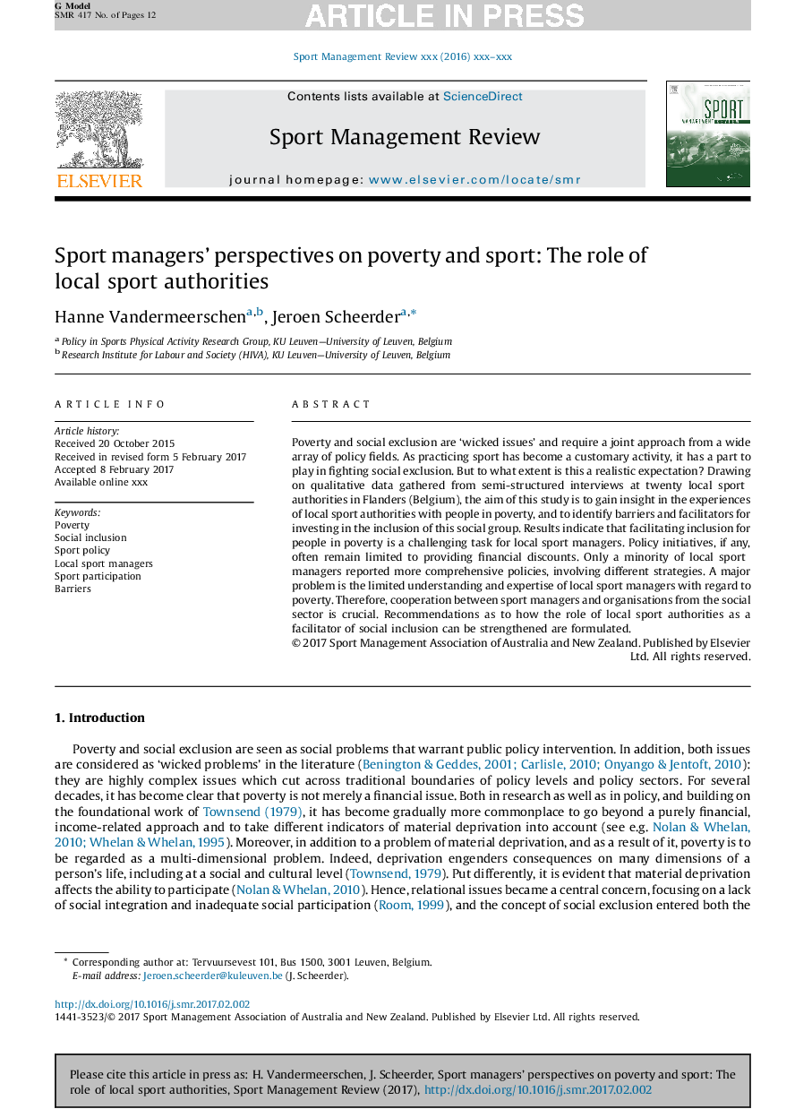 Sport managers' perspectives on poverty and sport: The role of local sport authorities