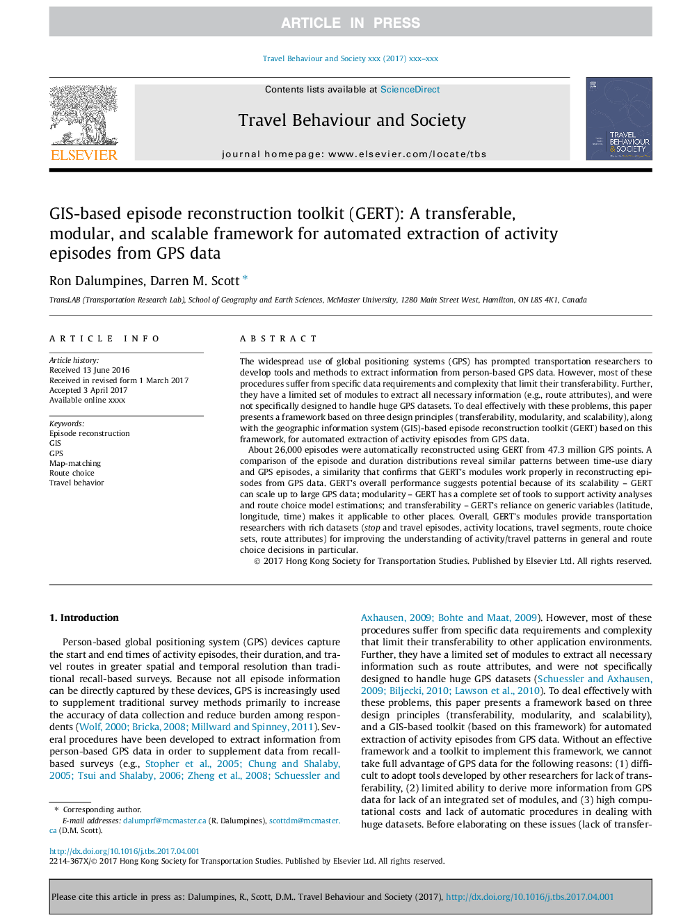 GIS-based episode reconstruction toolkit (GERT): A transferable, modular, and scalable framework for automated extraction of activity episodes from GPS data