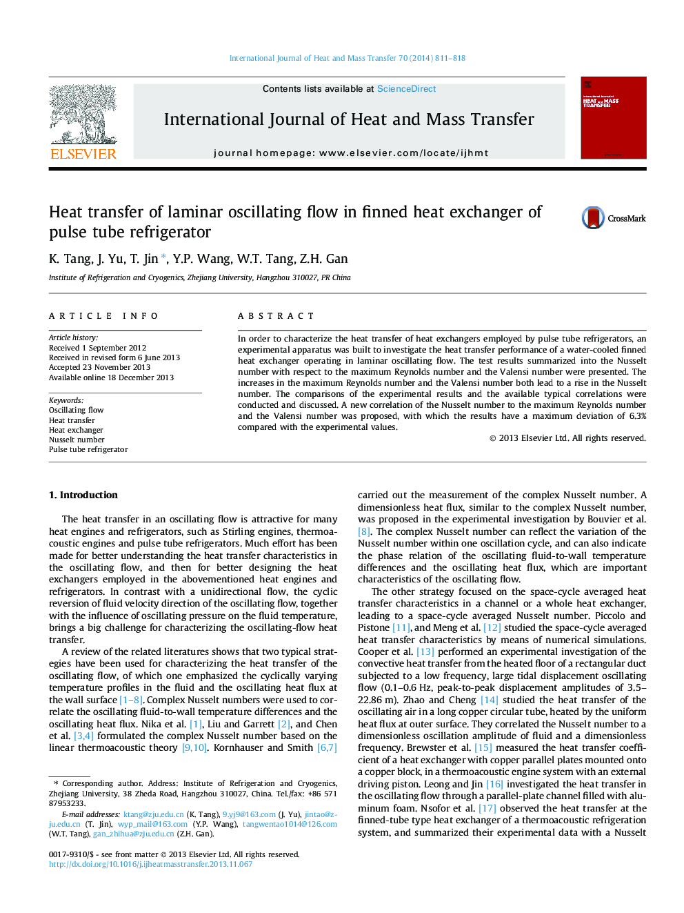 Heat transfer of laminar oscillating flow in finned heat exchanger of pulse tube refrigerator