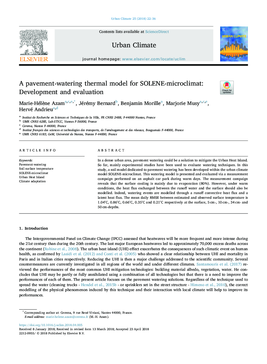 A pavement-watering thermal model for SOLENE-microclimat: Development and evaluation