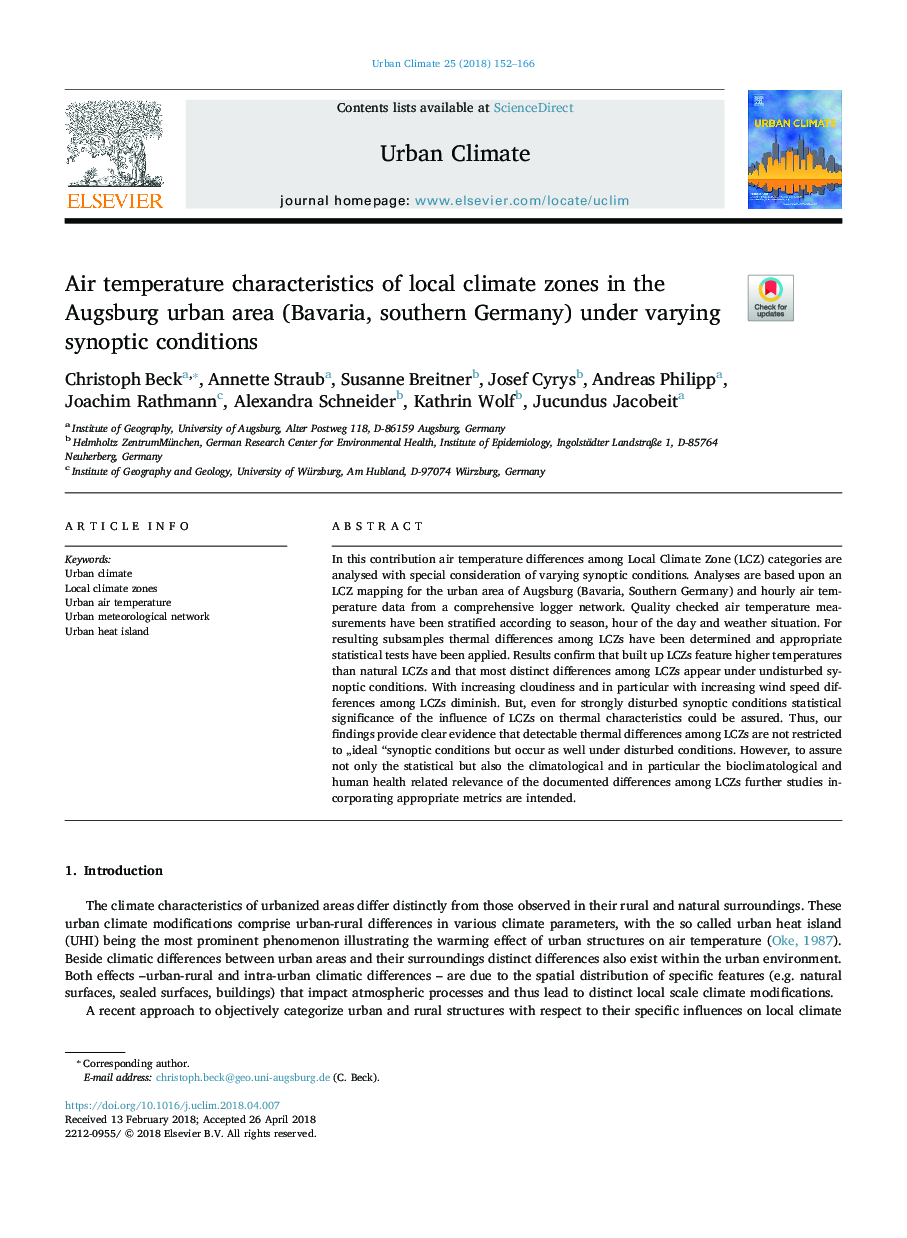 Air temperature characteristics of local climate zones in the Augsburg urban area (Bavaria, southern Germany) under varying synoptic conditions