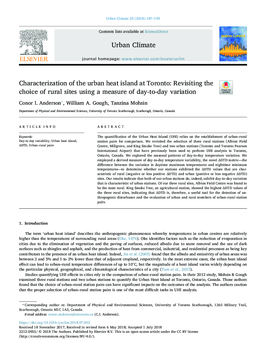 Characterization of the urban heat island at Toronto: Revisiting the choice of rural sites using a measure of day-to-day variation
