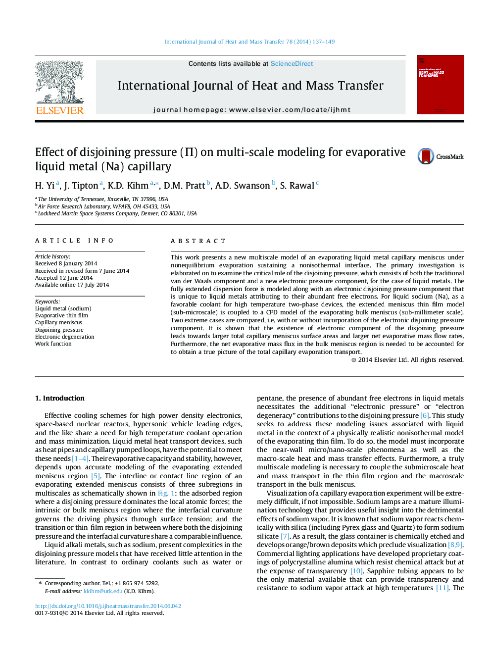 Effect of disjoining pressure (Π) on multi-scale modeling for evaporative liquid metal (Na) capillary