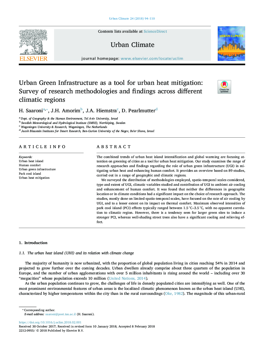 Urban Green Infrastructure as a tool for urban heat mitigation: Survey of research methodologies and findings across different climatic regions