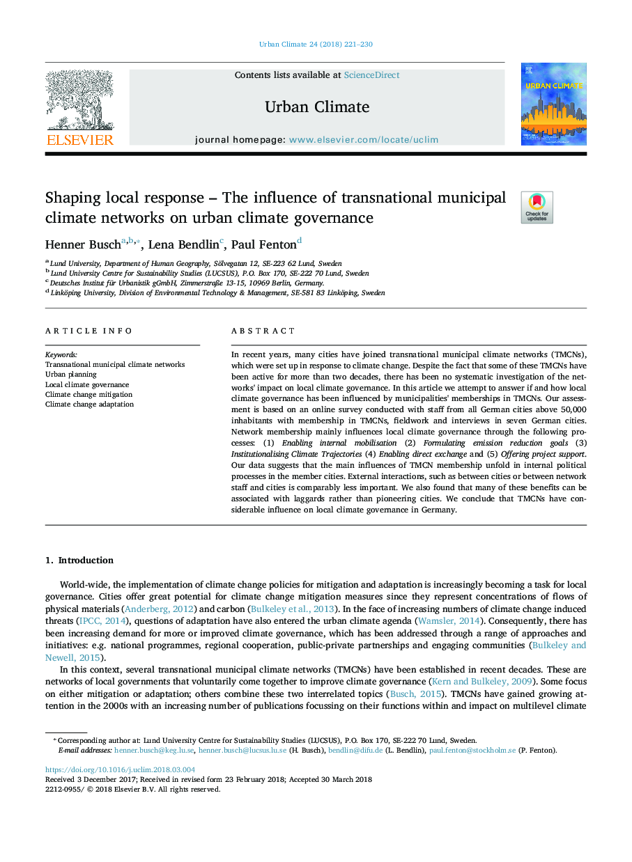 Shaping local response - The influence of transnational municipal climate networks on urban climate governance