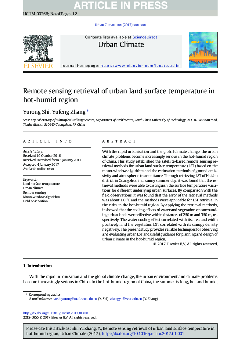 Remote sensing retrieval of urban land surface temperature in hot-humid region