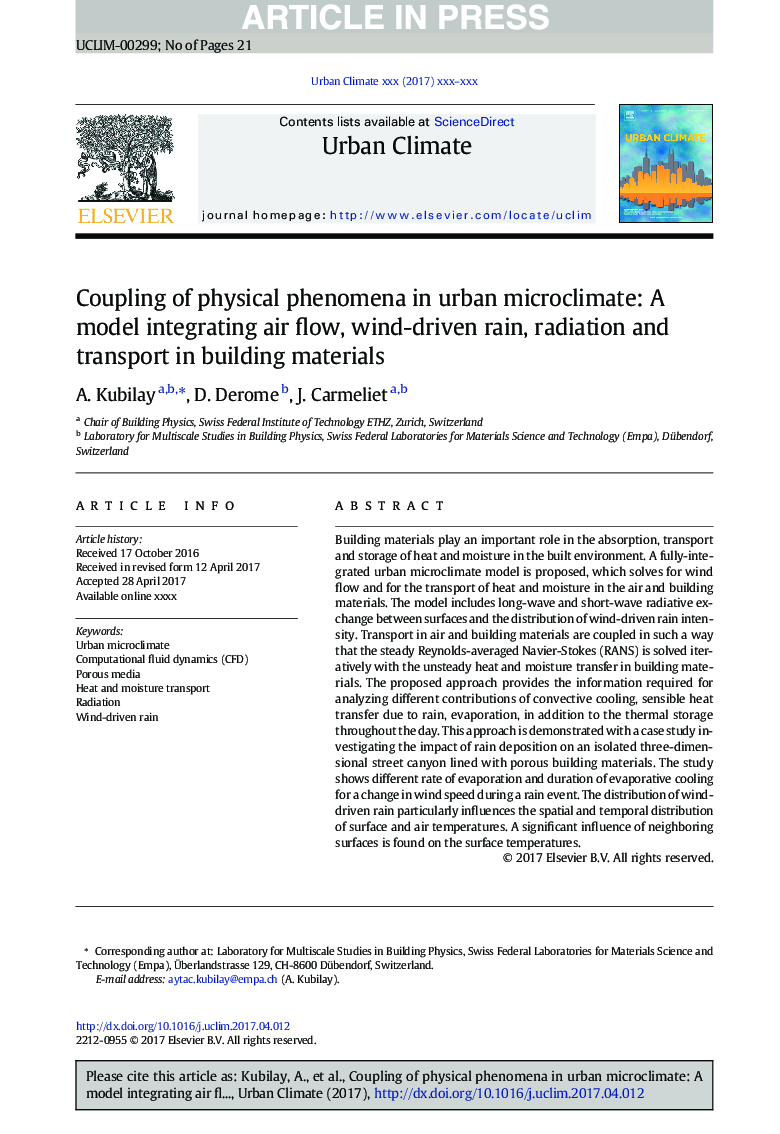 Coupling of physical phenomena in urban microclimate: A model integrating air flow, wind-driven rain, radiation and transport in building materials