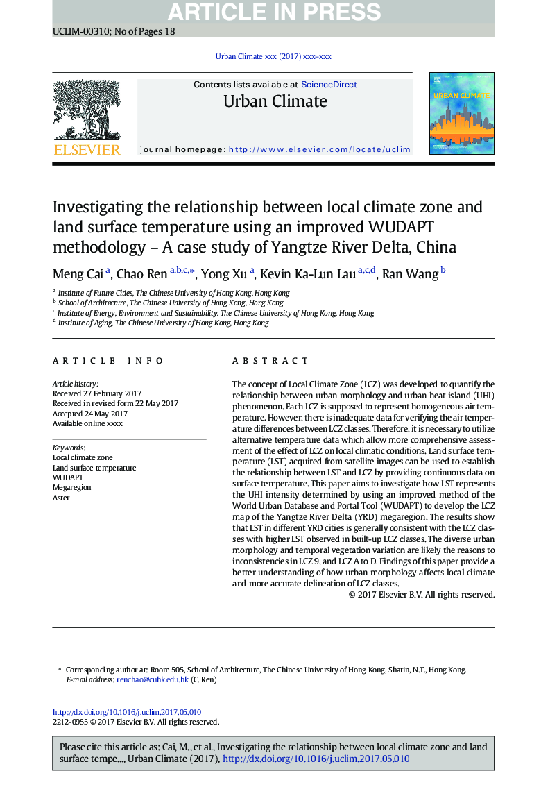 Investigating the relationship between local climate zone and land surface temperature using an improved WUDAPT methodology - A case study of Yangtze River Delta, China