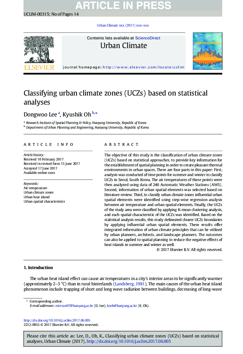 Classifying urban climate zones (UCZs) based on statistical analyses