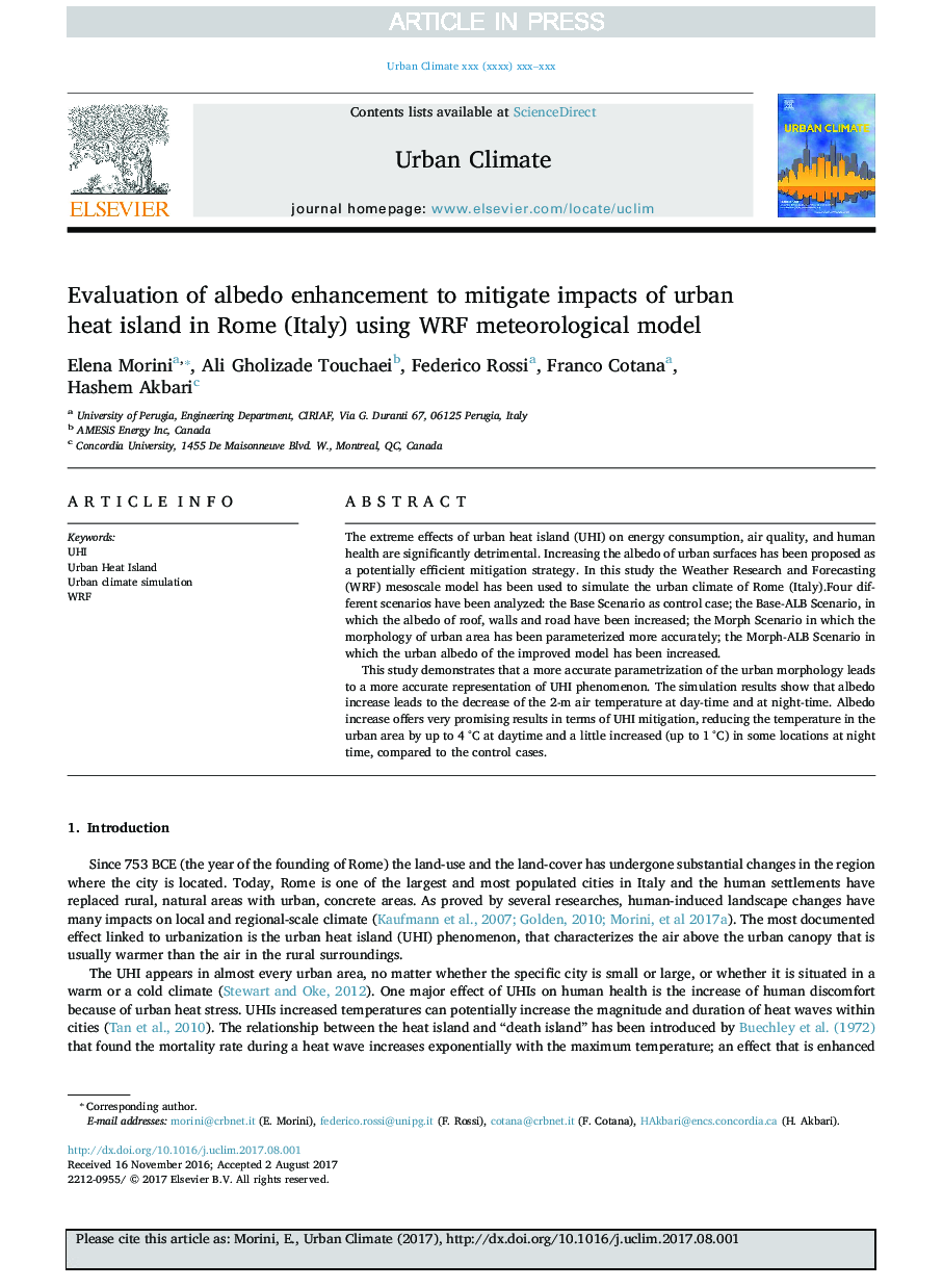 Evaluation of albedo enhancement to mitigate impacts of urban heat island in Rome (Italy) using WRF meteorological model