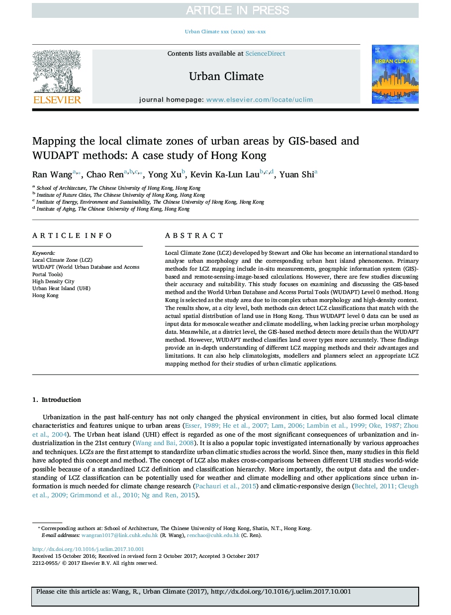 Mapping the local climate zones of urban areas by GIS-based and WUDAPT methods: A case study of Hong Kong