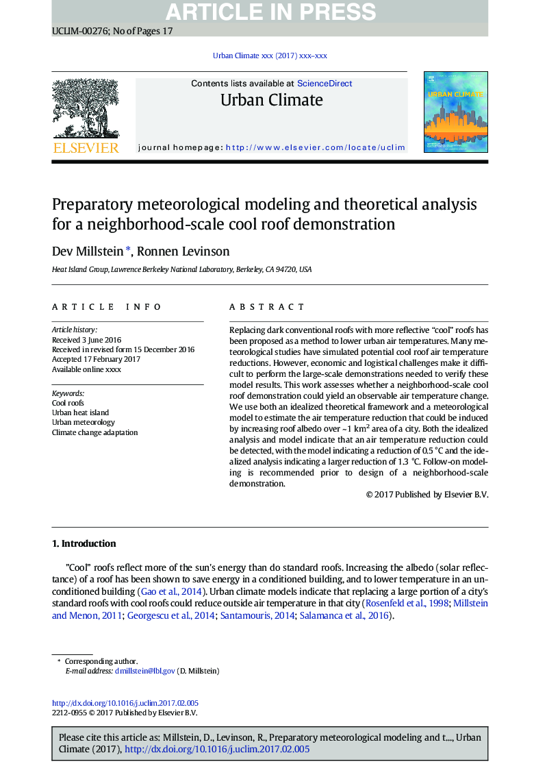 Preparatory meteorological modeling and theoretical analysis for a neighborhood-scale cool roof demonstration