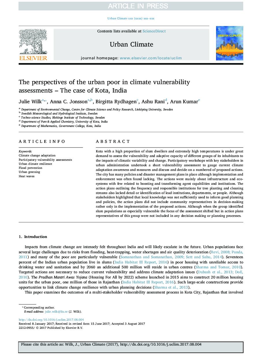The perspectives of the urban poor in climate vulnerability assessments - The case of Kota, India