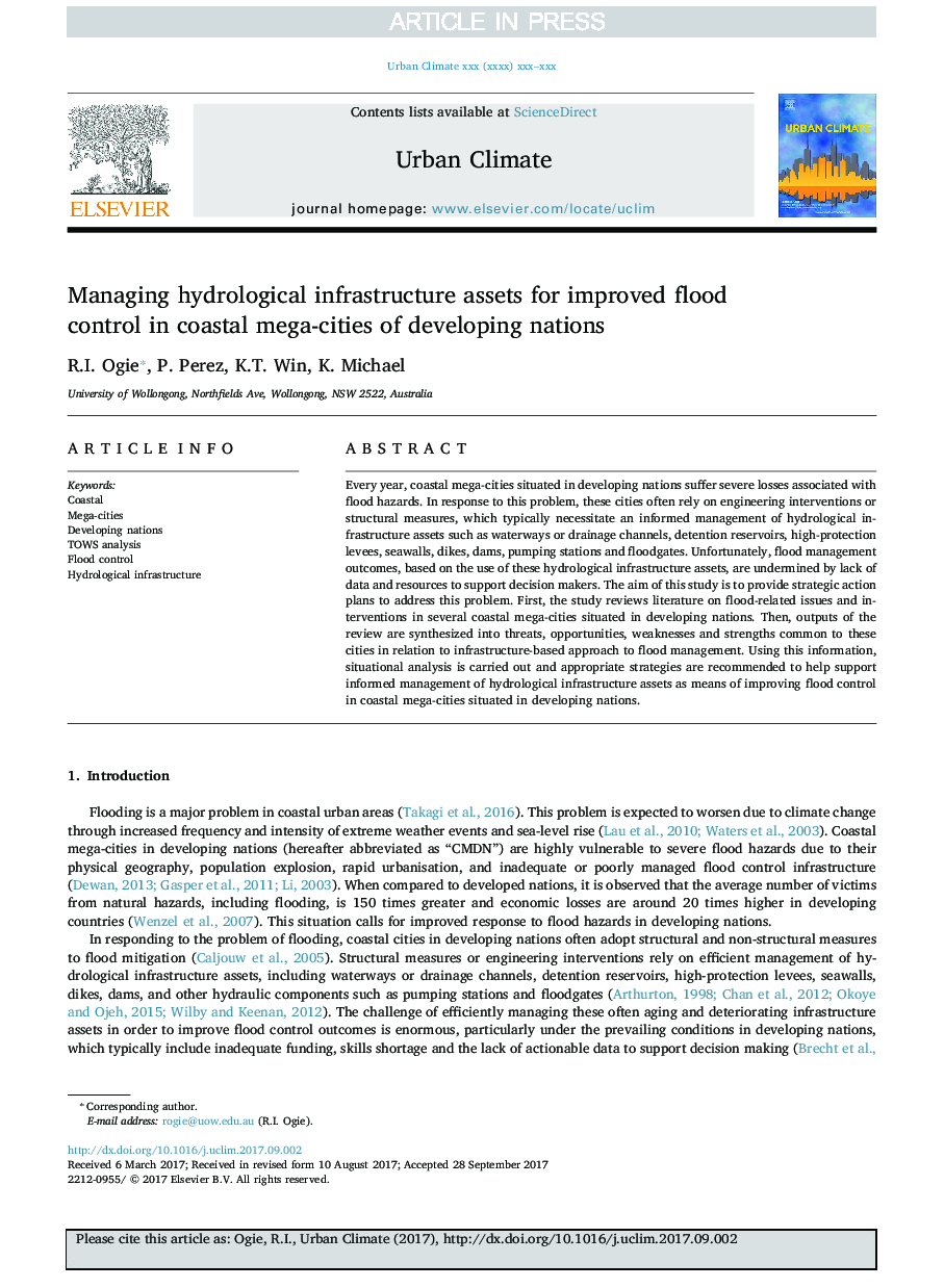 Managing hydrological infrastructure assets for improved flood control in coastal mega-cities of developing nations