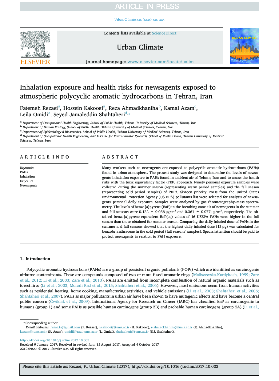 Inhalation exposure and health risks for newsagents exposed to atmospheric polycyclic aromatic hydrocarbons in Tehran, Iran