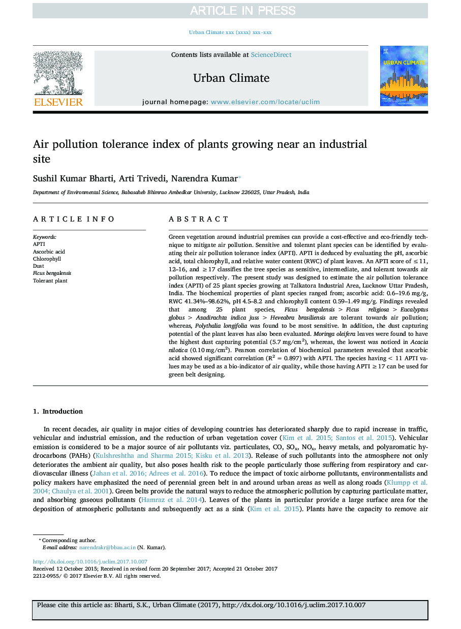 Air pollution tolerance index of plants growing near an industrial site