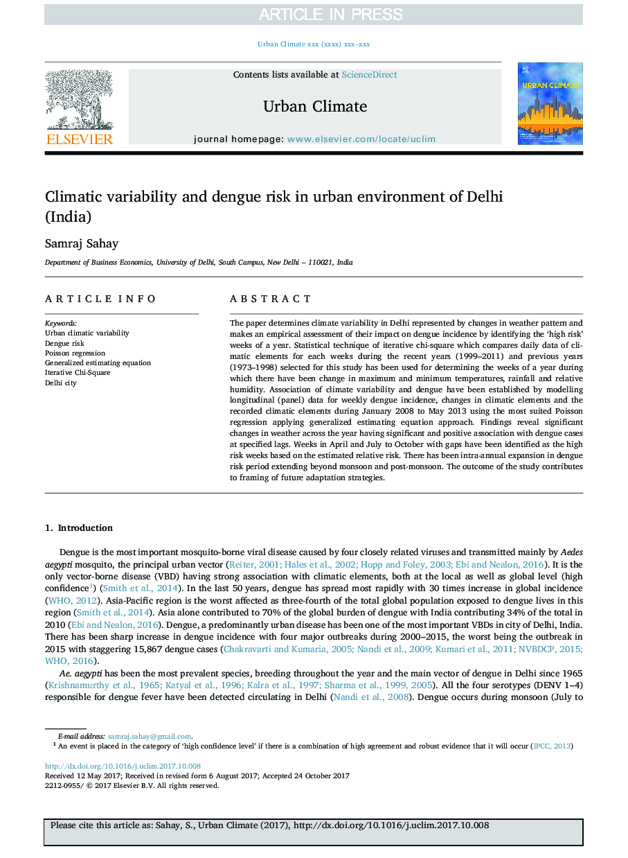 Climatic variability and dengue risk in urban environment of Delhi (India)