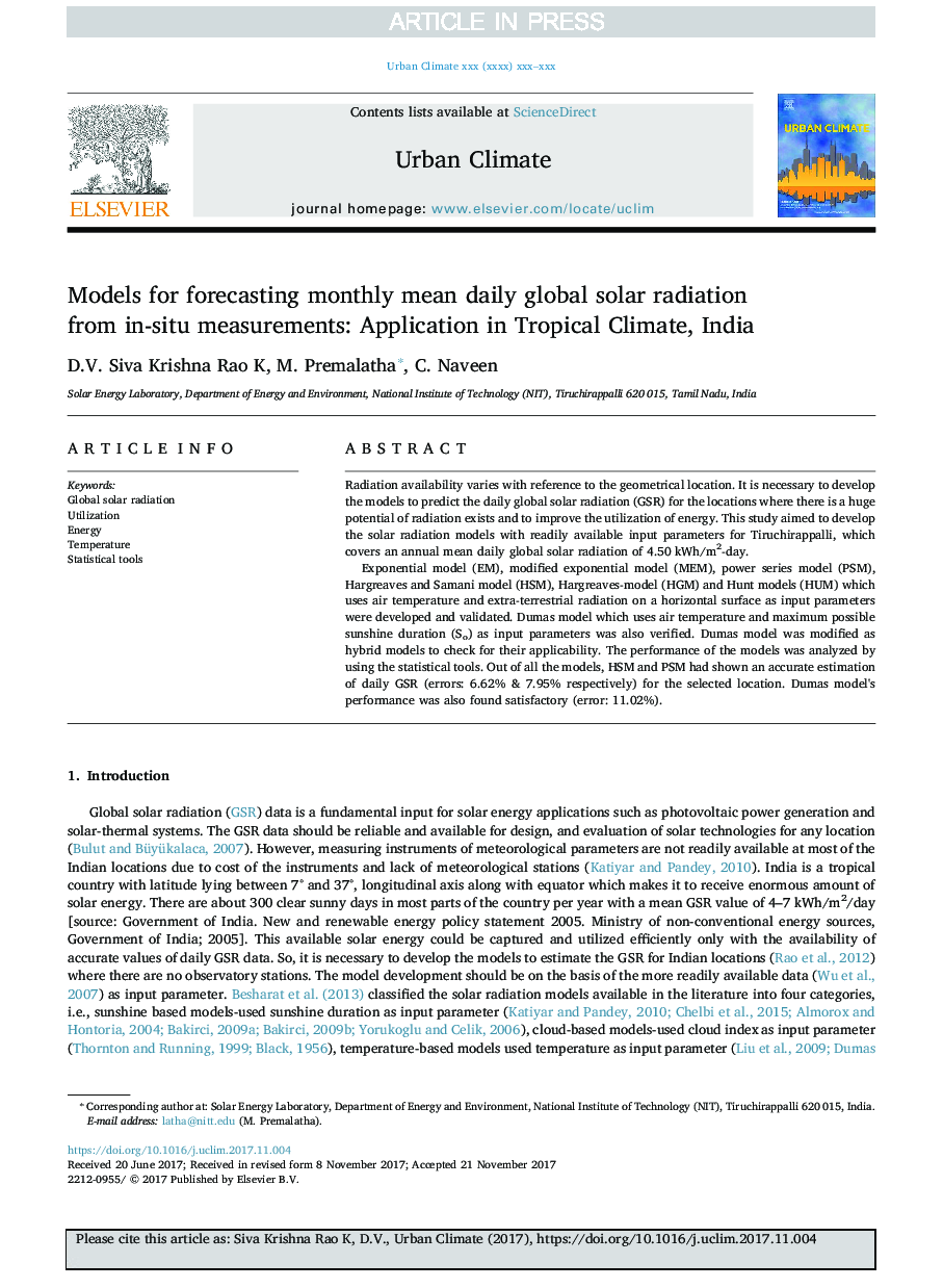 مدل های پیش بینی میانگین ماهانه تابش خورشیدی جهانی از اندازه گیری های داخل محوطه: کاربرد در آب و هوای گرمسیری، هند 