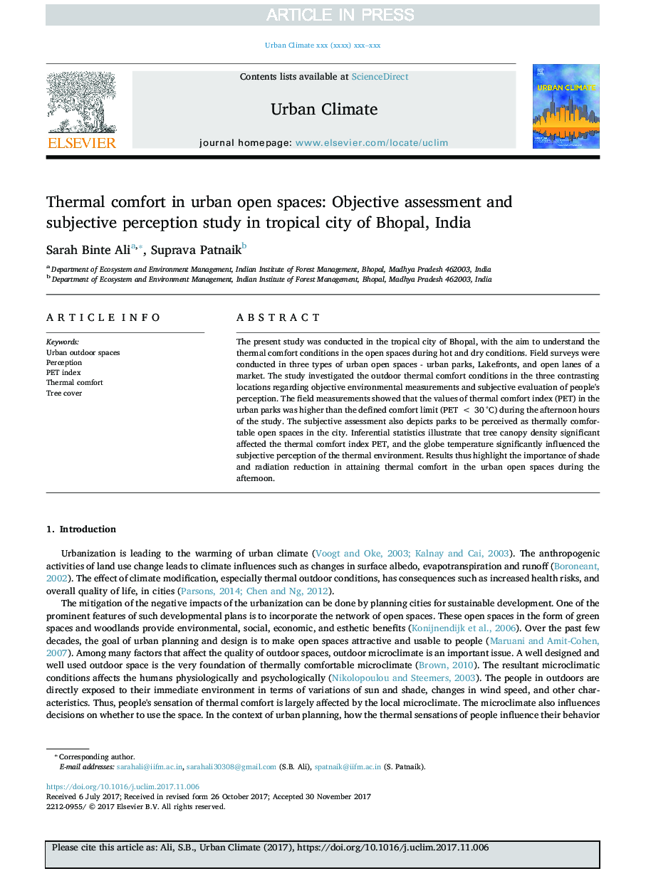 Thermal comfort in urban open spaces: Objective assessment and subjective perception study in tropical city of Bhopal, India