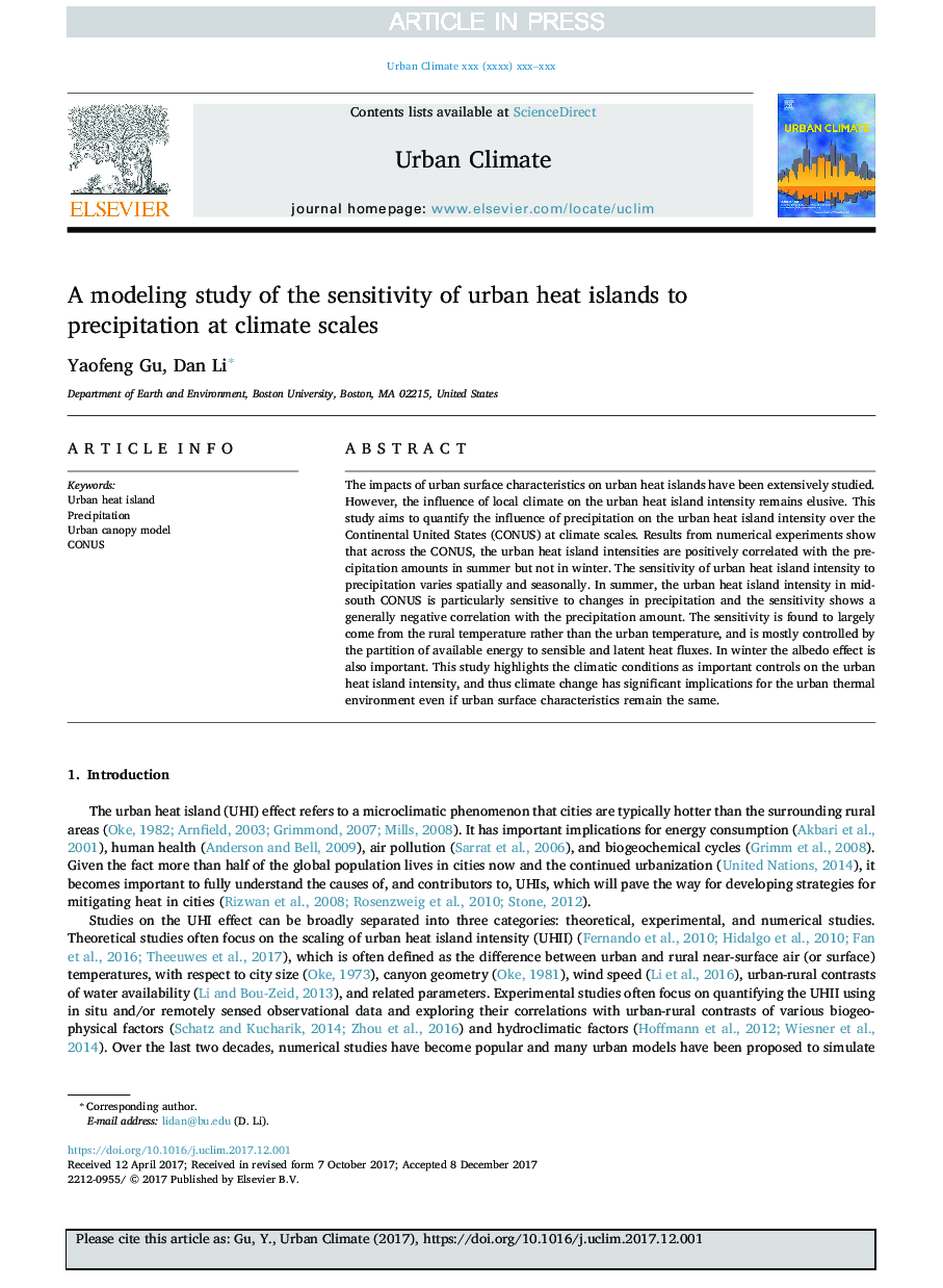 A modeling study of the sensitivity of urban heat islands to precipitation at climate scales