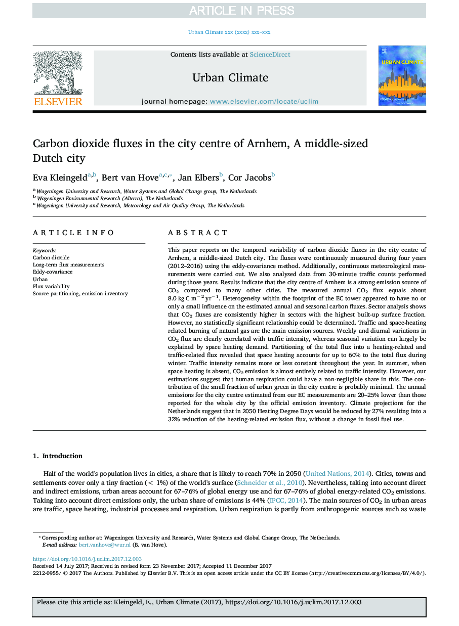 Carbon dioxide fluxes in the city centre of Arnhem, A middle-sized Dutch city