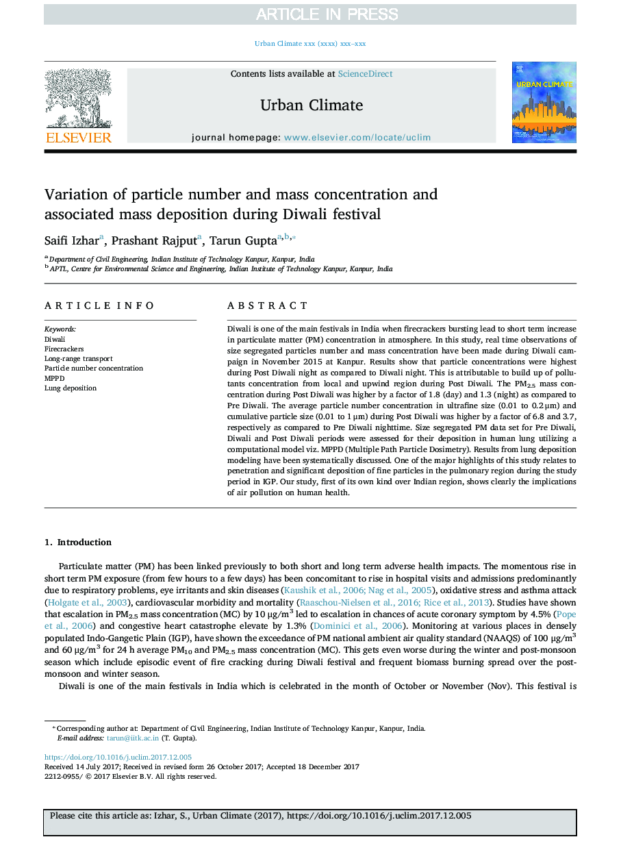 Variation of particle number and mass concentration and associated mass deposition during Diwali festival