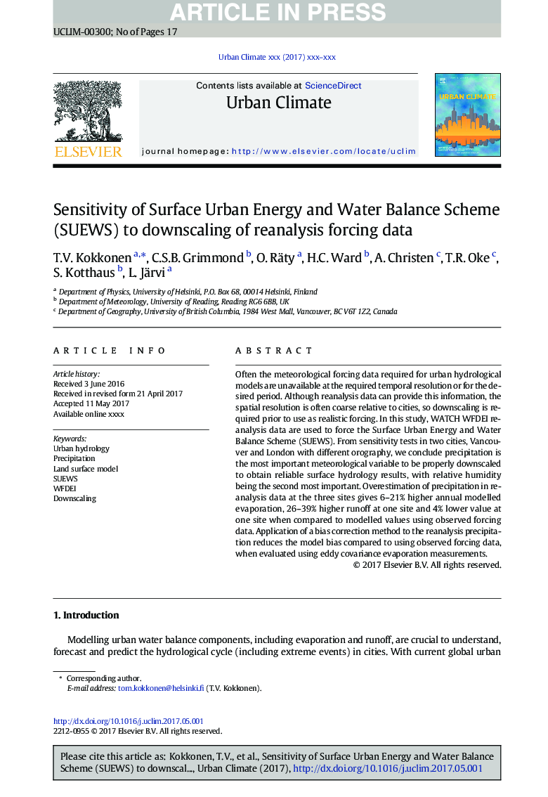 Sensitivity of Surface Urban Energy and Water Balance Scheme (SUEWS) to downscaling of reanalysis forcing data