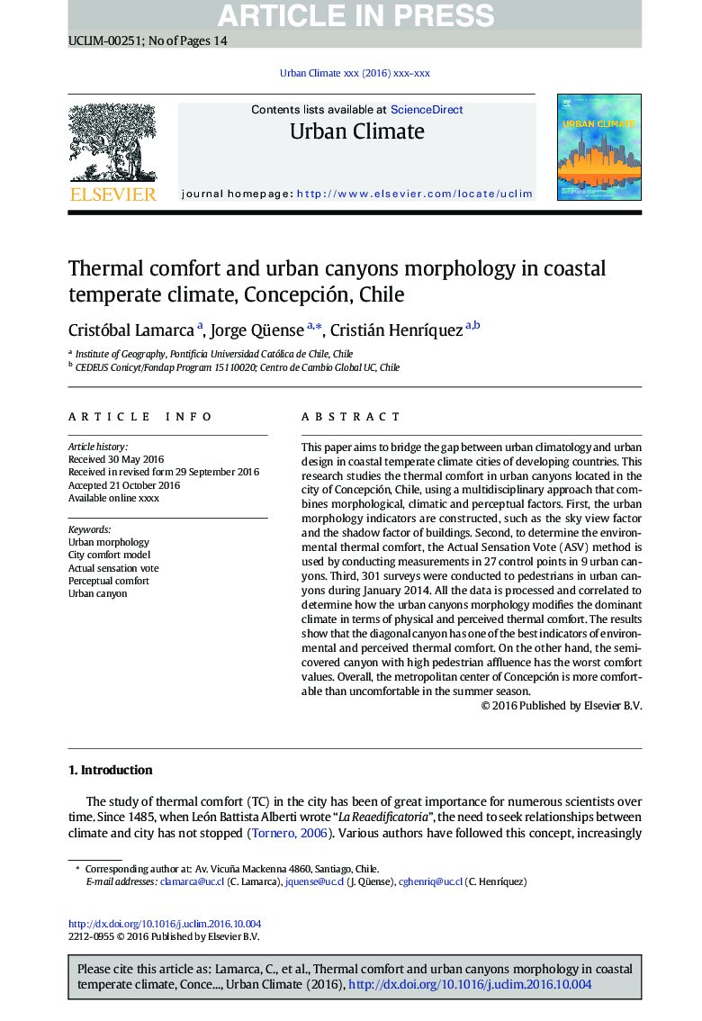 Thermal comfort and urban canyons morphology in coastal temperate climate, Concepción, Chile